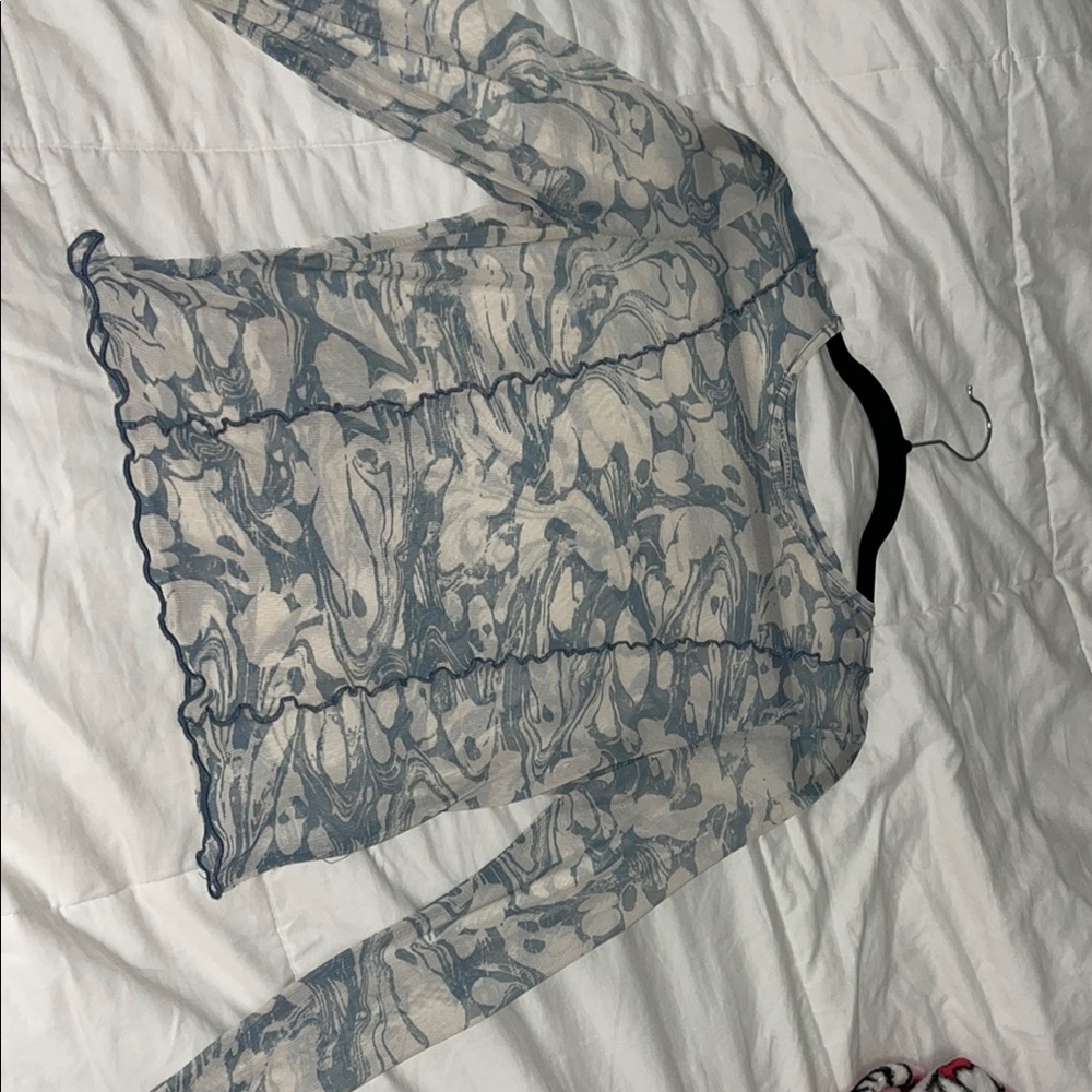 Blue and White Sheer Long Sleeve Top